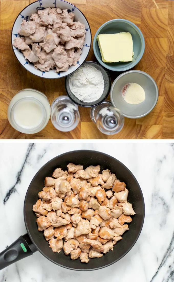Ingredients needed to make the Sausage Gravy are collected in small bowls on a wooden board.