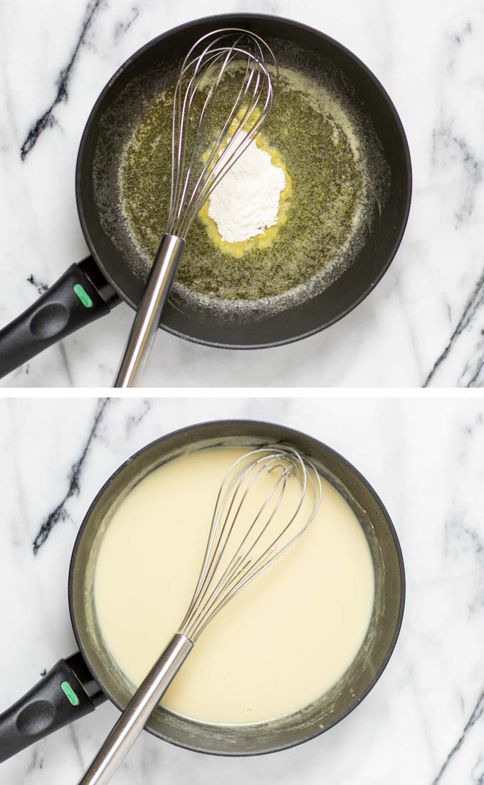 Two steps of making the basic white sauce in a pan.