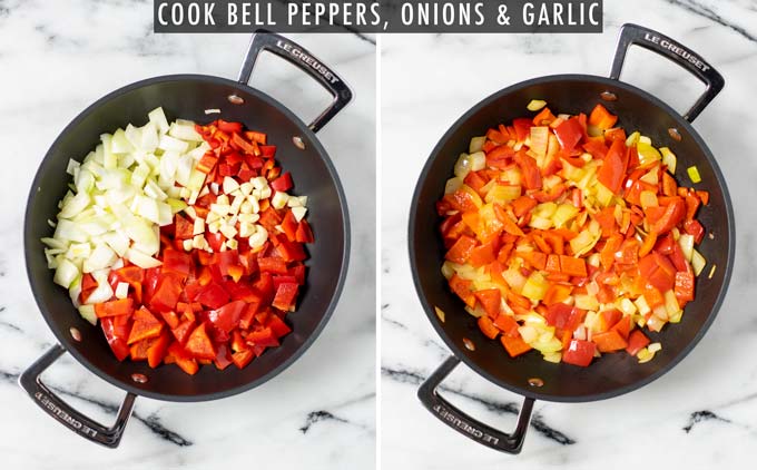 Side by side picture showing before and after how onions, bell pepper, and garlic and fried in a pan.