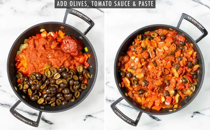 Side by side view showing how olives and tomato sauce and paste are mixed with the fried ingredients in a pan.