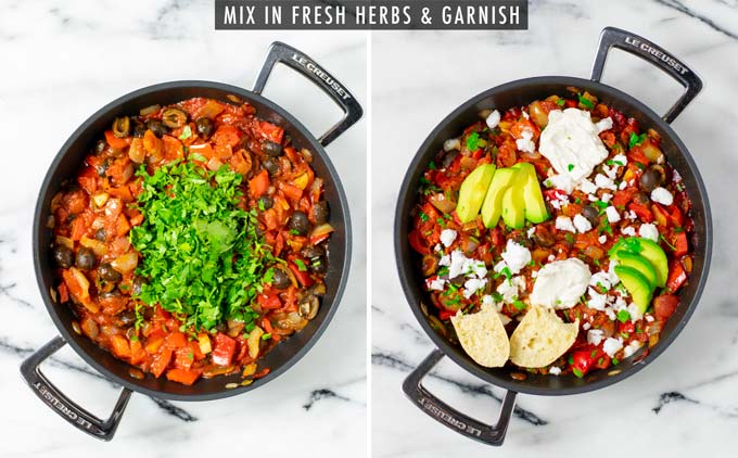 Side by side view of two pictures showing how fresh herbs are mixed into the Shakshuka and finally how it is garnished.