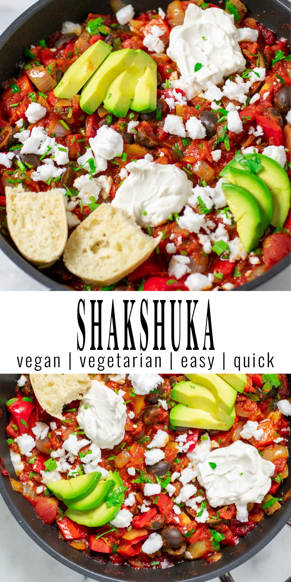 Collage of two pictures of the Shakshuka with recipe name text.