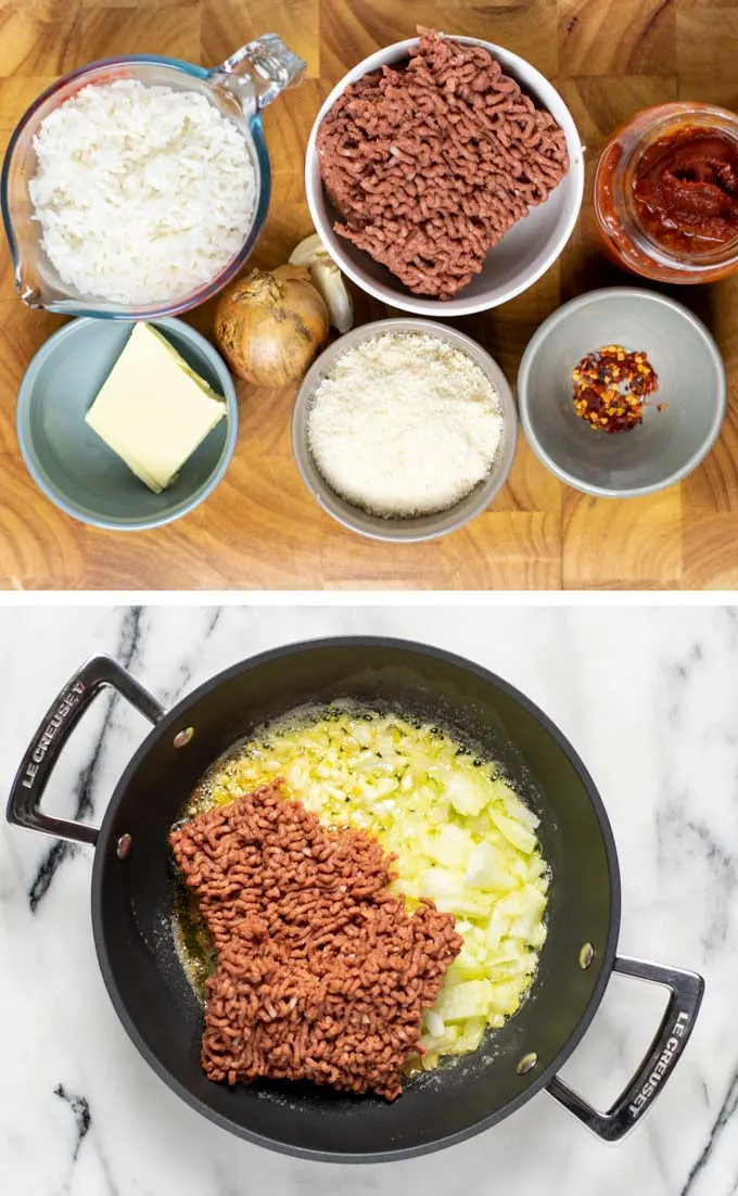 Ingredients needed to make Tomato Rice are assembled in small bowls on a wooden board.