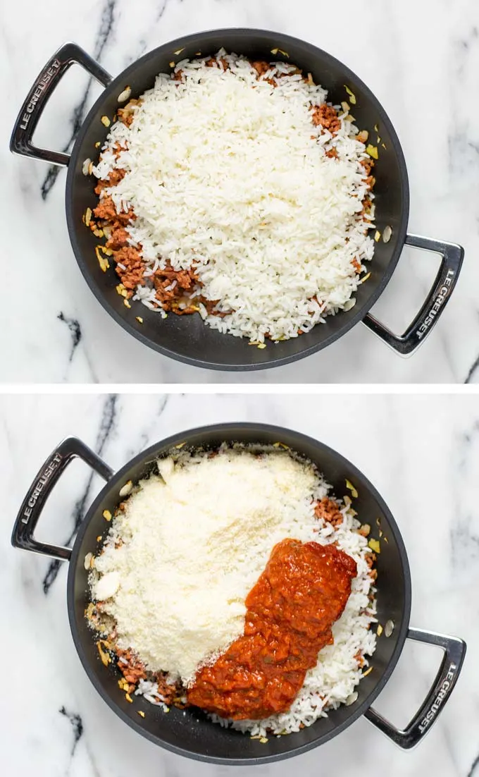 Step by step view of mixing leftover rice with fried vegan ground beef and tomato sauce in a pan.