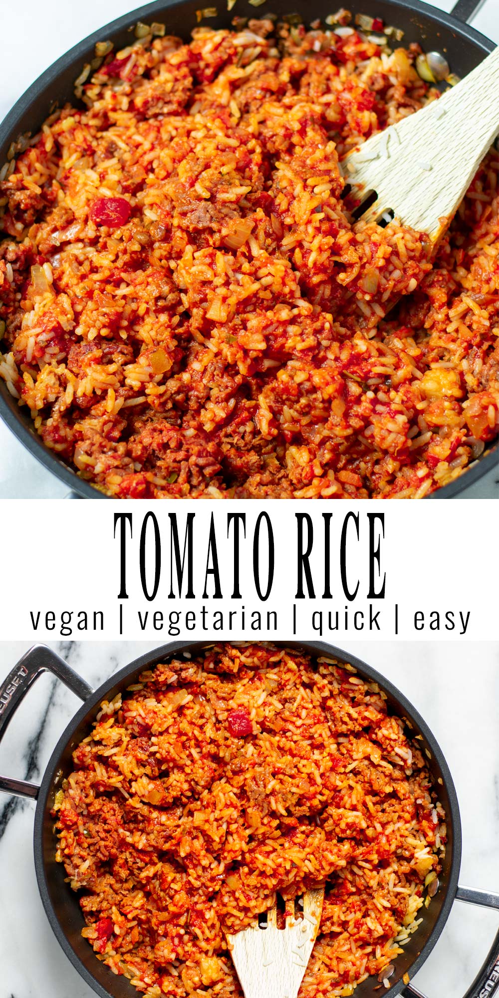 Collage of two pictures of the Tomato Rice with recipe title text.