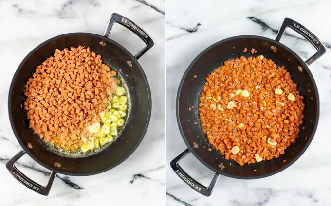 Side by side view of how vegan bacon bites and garlic are fried in olive oil: before and after.