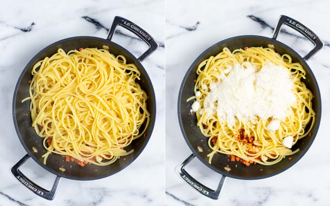 Showing how first cooked pasta and then vegan parmesan are added to a pan with the fried bacon and garlic.