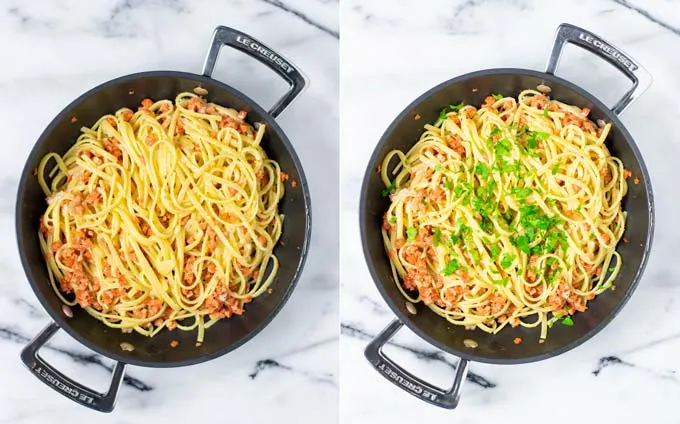 Showing how after mixing all ingredients of the Bacon Pasta in a pan, the dish is garnished with fresh parsley. 