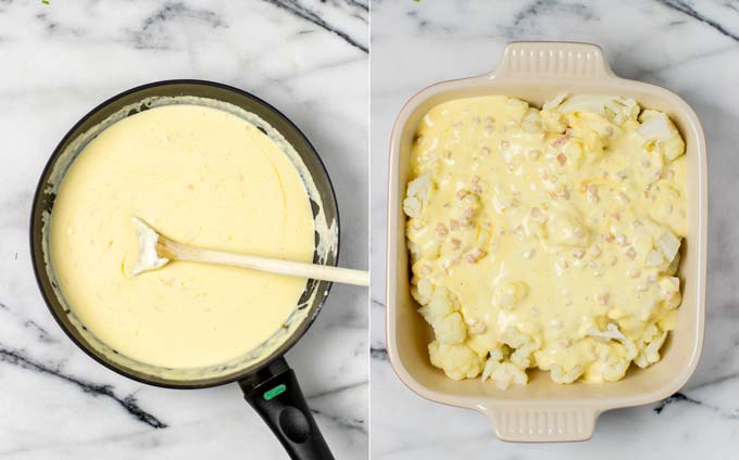 Side by side view of a pan with the made vegan cheese sauce and then given over precooked cauliflower a casserole dish.