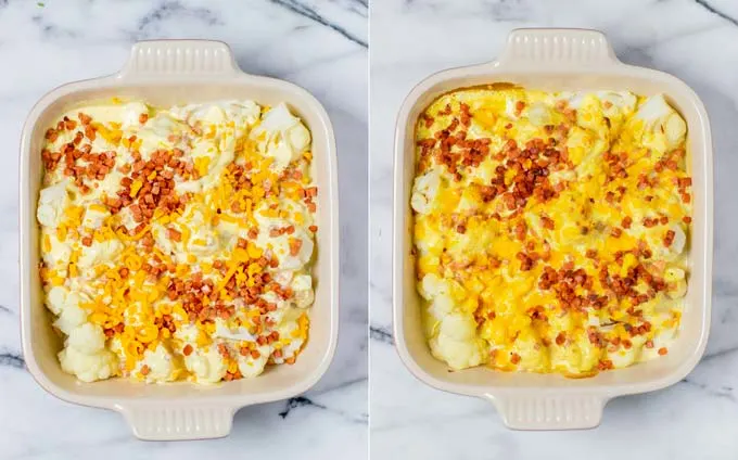 Side by side view of the Cauliflower Bake in a casserole dish before and after baking.