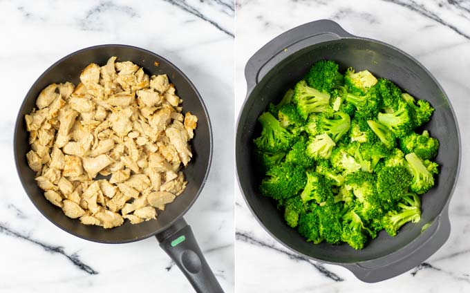 Side by side view of fried vegan chicken in a pan and a bowl with cooked broccoli.
