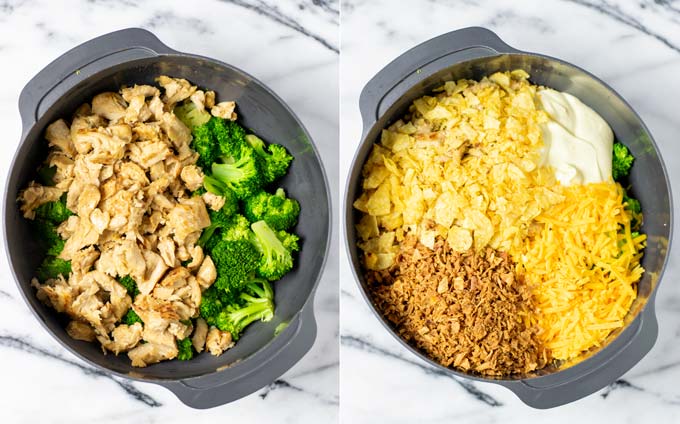 Side by side view of how first fried vegan chicken is added to the bowl with the broccoli and then the remaining ingredients are added to the bowl.