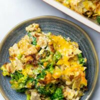 Top view on a plate with the vegan Chicken Broccoli Casserole.