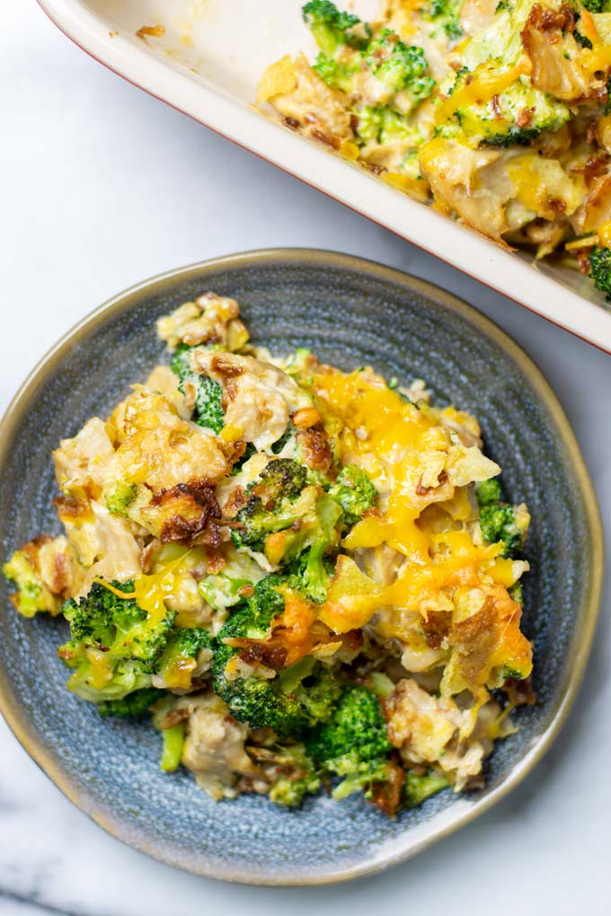 Top view on a plate with the vegan Chicken Broccoli Casserole.