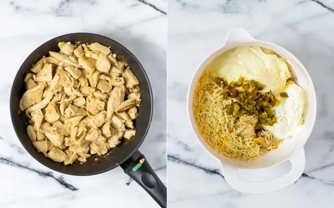 Side by side view of two steps making the vegan Chicken Nachos: frying the vegan chicken and then combining it with all sauce ingredients in a mixing bowl.