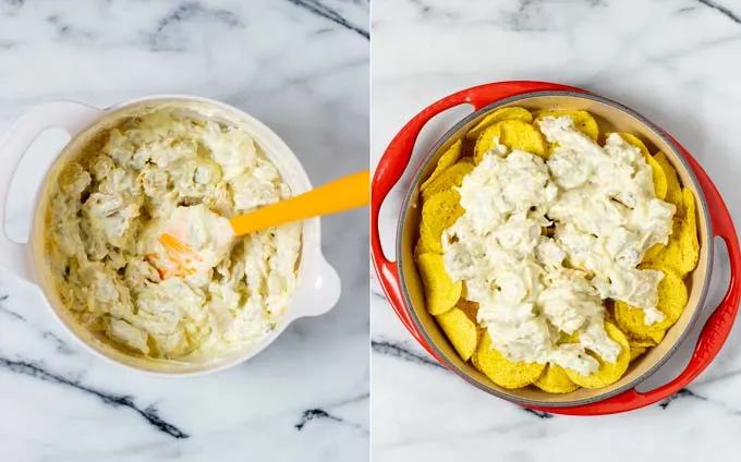 Side by side view of a mixing bowl with the mixed filling and given oven corn tacos in a casserole dish.