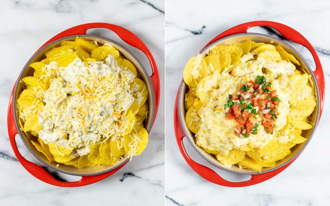 Side by side view of the Chicken Nachos before and after baking in the oven.