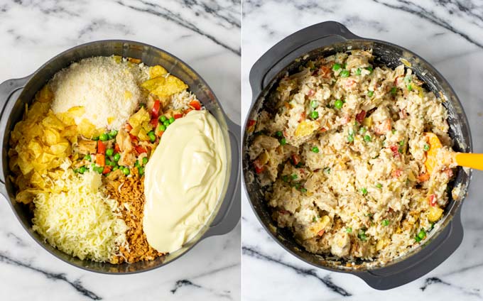 Two views of a large mixing bowl with all ingredients of the Chicken and Rice Casserole, before and after mixing.