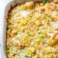 View of the baked Chicken and Rice Casserole with the crunchy topping made from potato chips.
