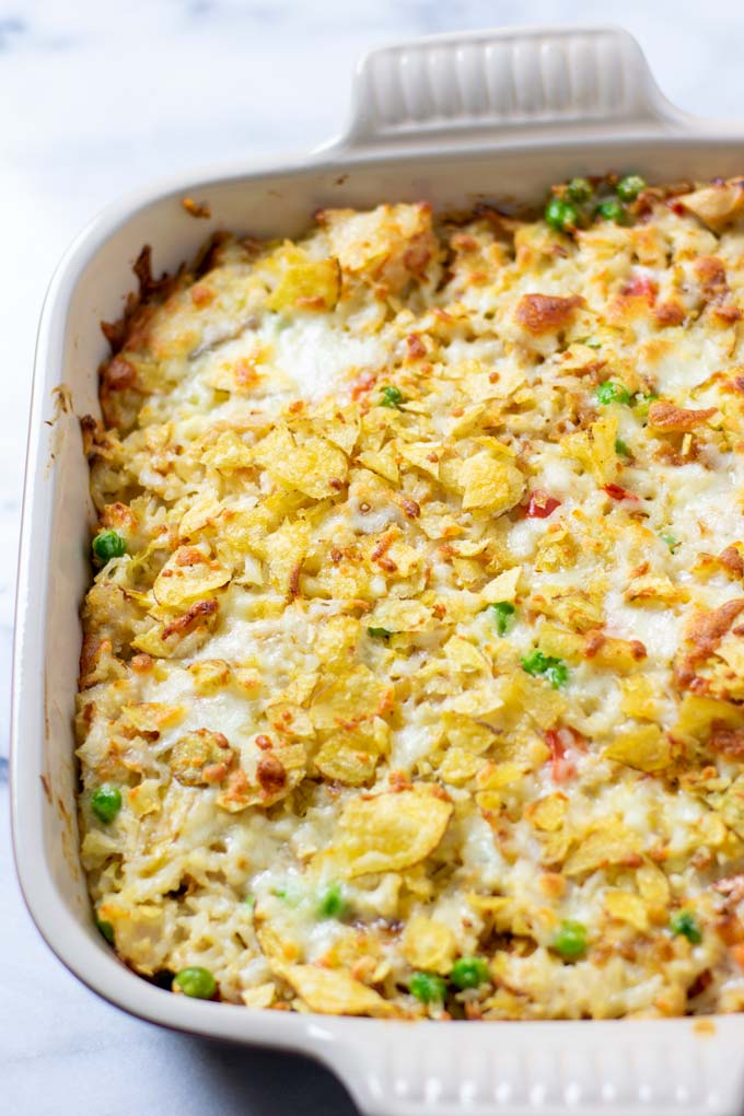 View of the baked Chicken and Rice Casserole with the crunchy topping made from potato chips.