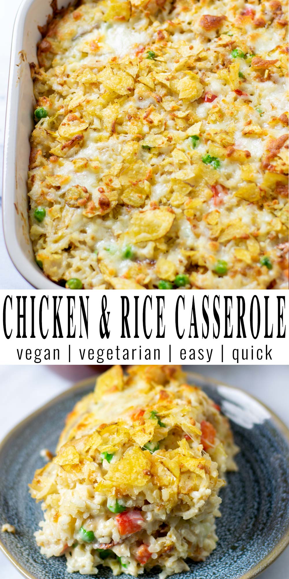 Collage of two pictures of the Chicken and Rice Casserole with recipe title text.