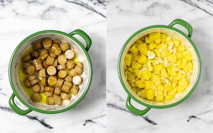 Side by side view of first frying vegan sausage bites and then potatoes, onions, and garlic in a large pot.