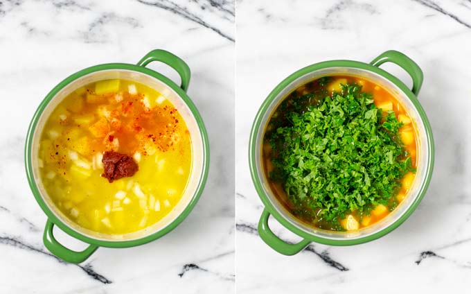 Side by side view of how first vegetable broth and seasonings, then kale are added to the pot with potatoes.