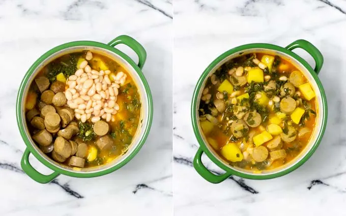 Side by side pictures showing how white beans and the pre-fried sausage bites are added to the soup, then how everything looks after mixing.