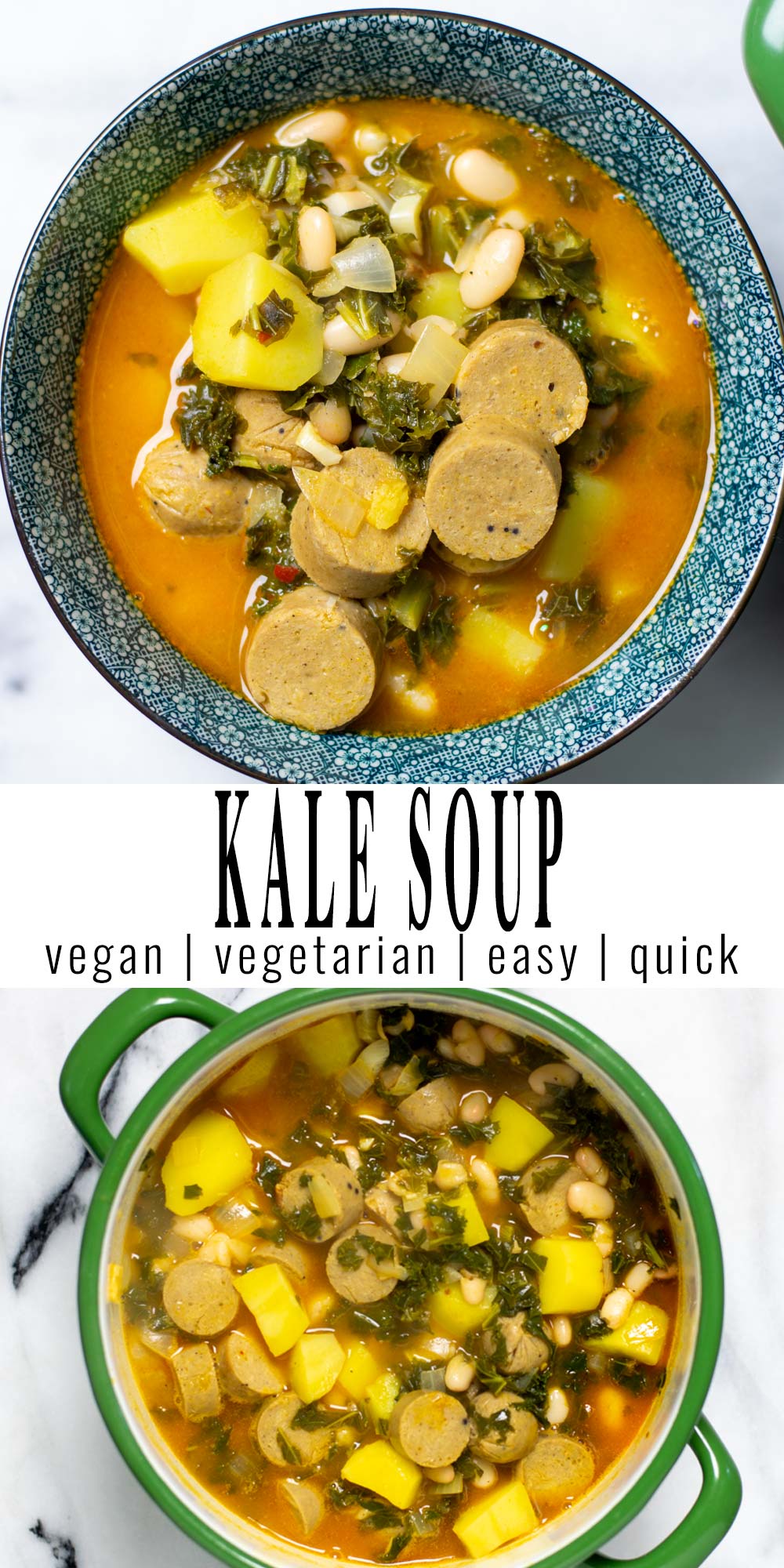 Collage of two pictures of the Kale Soup with recipe title text.