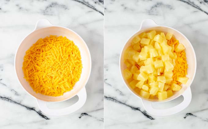 Side by side view of adding the vegan cheddar and pineapple cubes into a large mixing bowl.