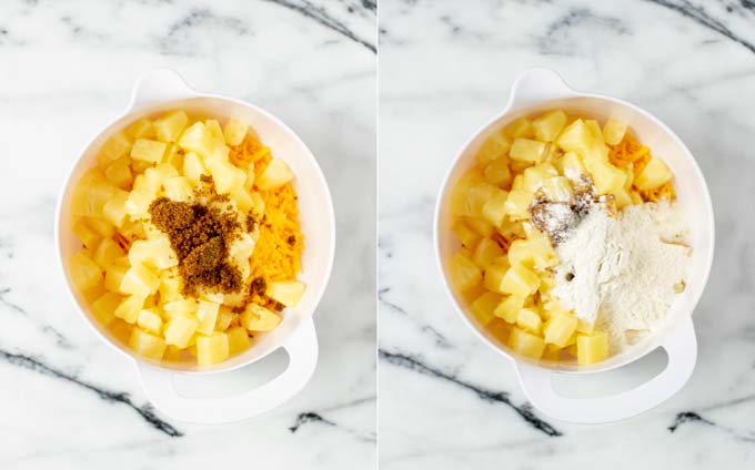 Step by step pictures showing how brown sugar and flour are added to tother ingredients already in a mixing bowl.