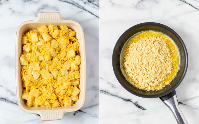 Double view on a casserole dish with the base pineapple filling and a pan with the crushed crackers and butter.