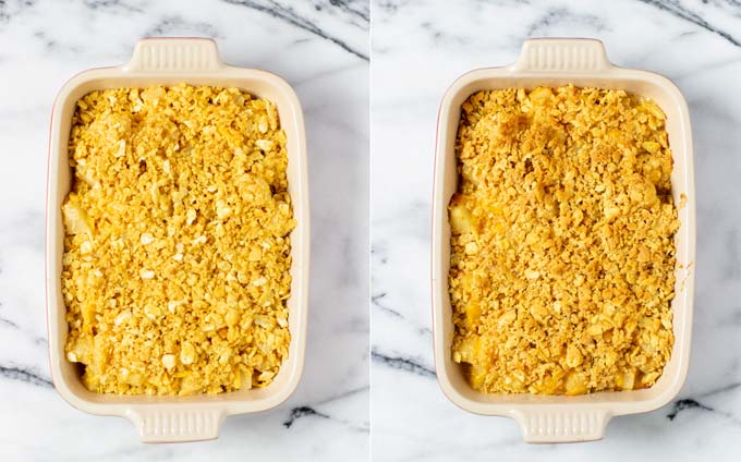 Top view on the Pineapple Casserole before and after baking. 