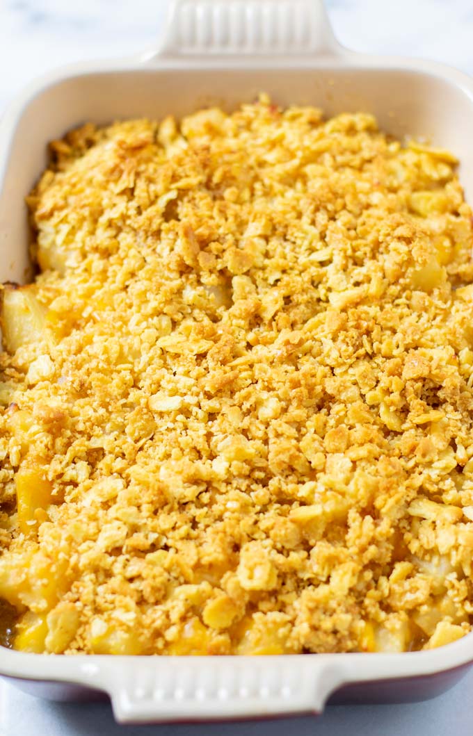 Showing the cracker crust of the Pineapple Casserole.