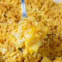 Closeup of a large spoonful of the Pineapple Casserole.