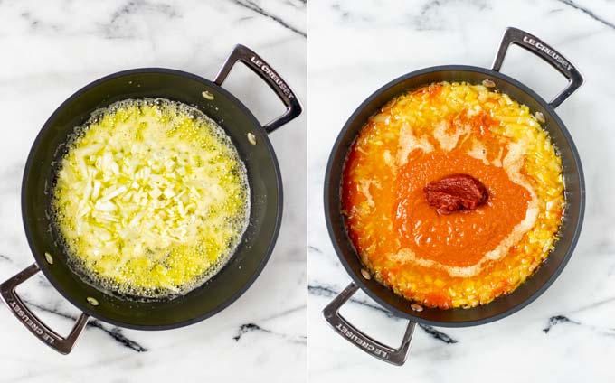 Side by side view showing how diced onions are fried in butter and then mixed with tomato sauce base ingredients.