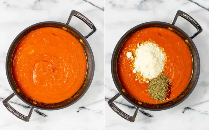 Side by side view showing how herbs and vegan parmesan are mixed with the tomato sauce.