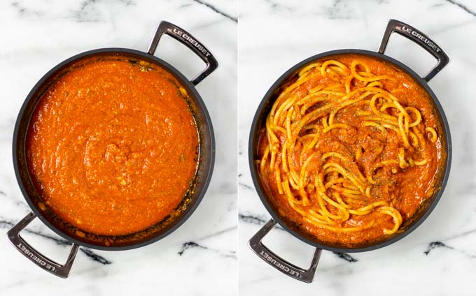 Side by side view of the finished Pomodoro Sauce mixed with pasta.