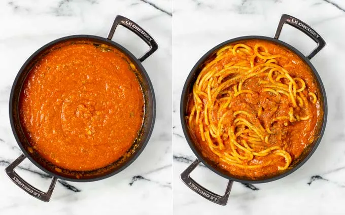 Side by side view of the finished Pomodoro Sauce mixed with pasta.