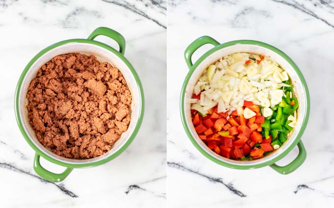 Side by side view of a large pot in which first vegan ground beef and then vegetables are fried.