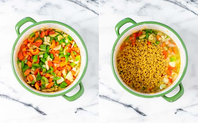 Side by side view of a large pot with pre-fried vegetables and then vegetable broth and macaroni added.