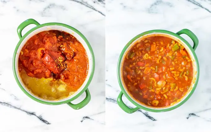 Showing how tomato ingredients and seasonings are given to the pot with vegetables and macaroni.