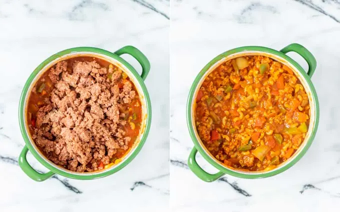 Top view on a large pot, showing how pre-cooked vegan ground beef is added back to the pot and a view of the ready American Goulash.