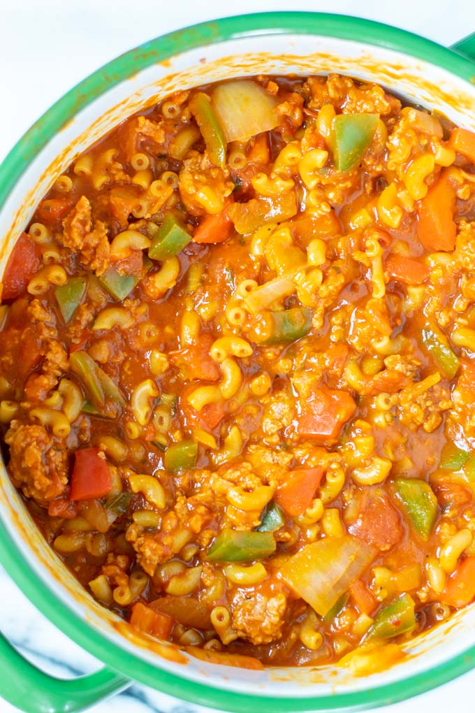 Closeup view from the top on the American Goulash in one large pot.