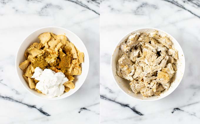 Side by side view of the vegan chicken bites before and after marinating.