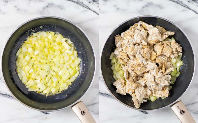 Side by side view of diced onions being refried and then how the marinated butter chicken is given into the same pan.