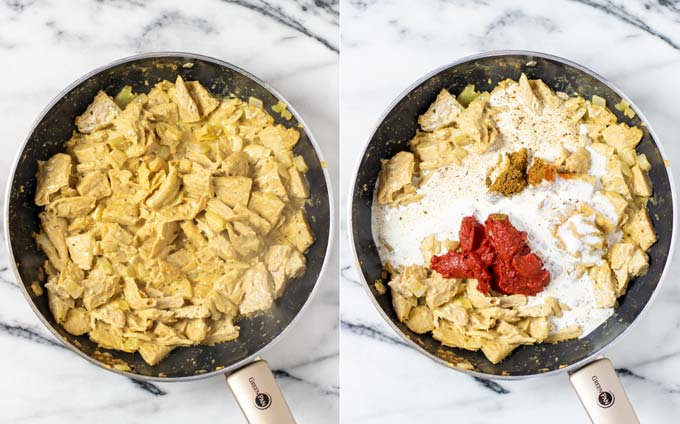 Side by side view of the fried chicken with then the sauce ingredients added.