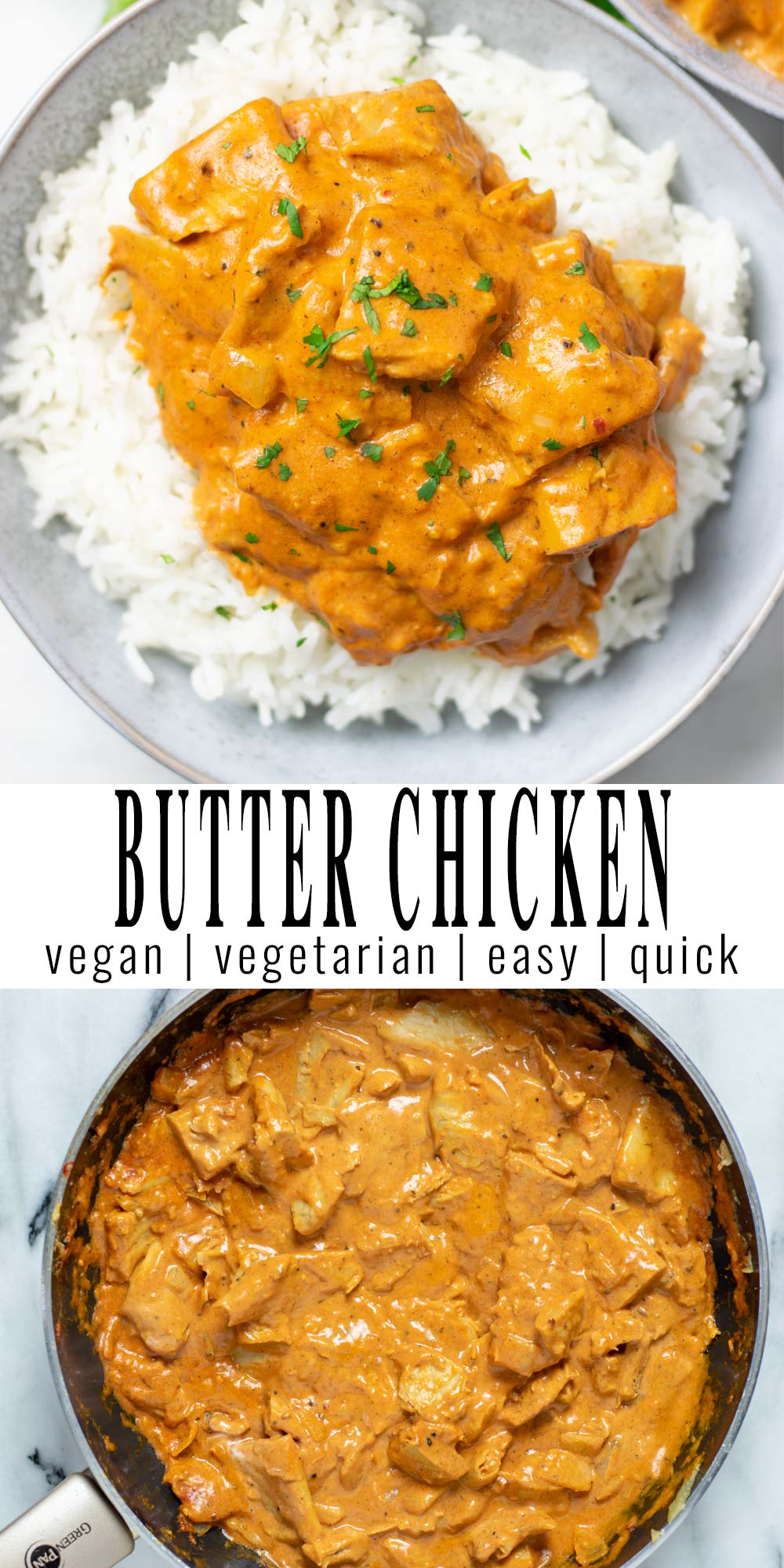 Collage of two pictures of the Butter Chicken with recipe title text.