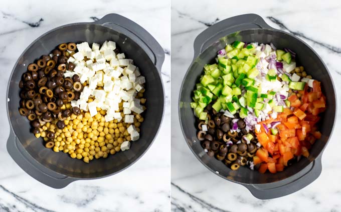 side by side view of a large bowl in which the different vegetables for this salad are transferred in steps.