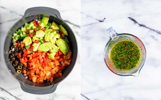 Side by side view of a large bowl with the salad ingredients and a small jar with the salad dressing.